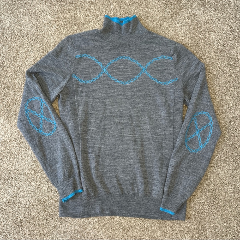 Athleta Charcoal Grey Wool Turtleneck Athletic Sweater with Teal Embroidery